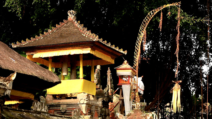 A long swaying tassle called a "Penjor" in front of a temple gate.
